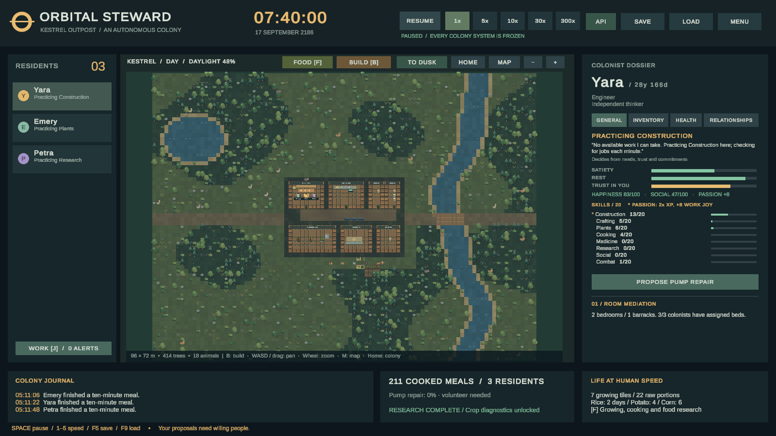 Prototype map overview with woodland, a river, and a small colony at its centre