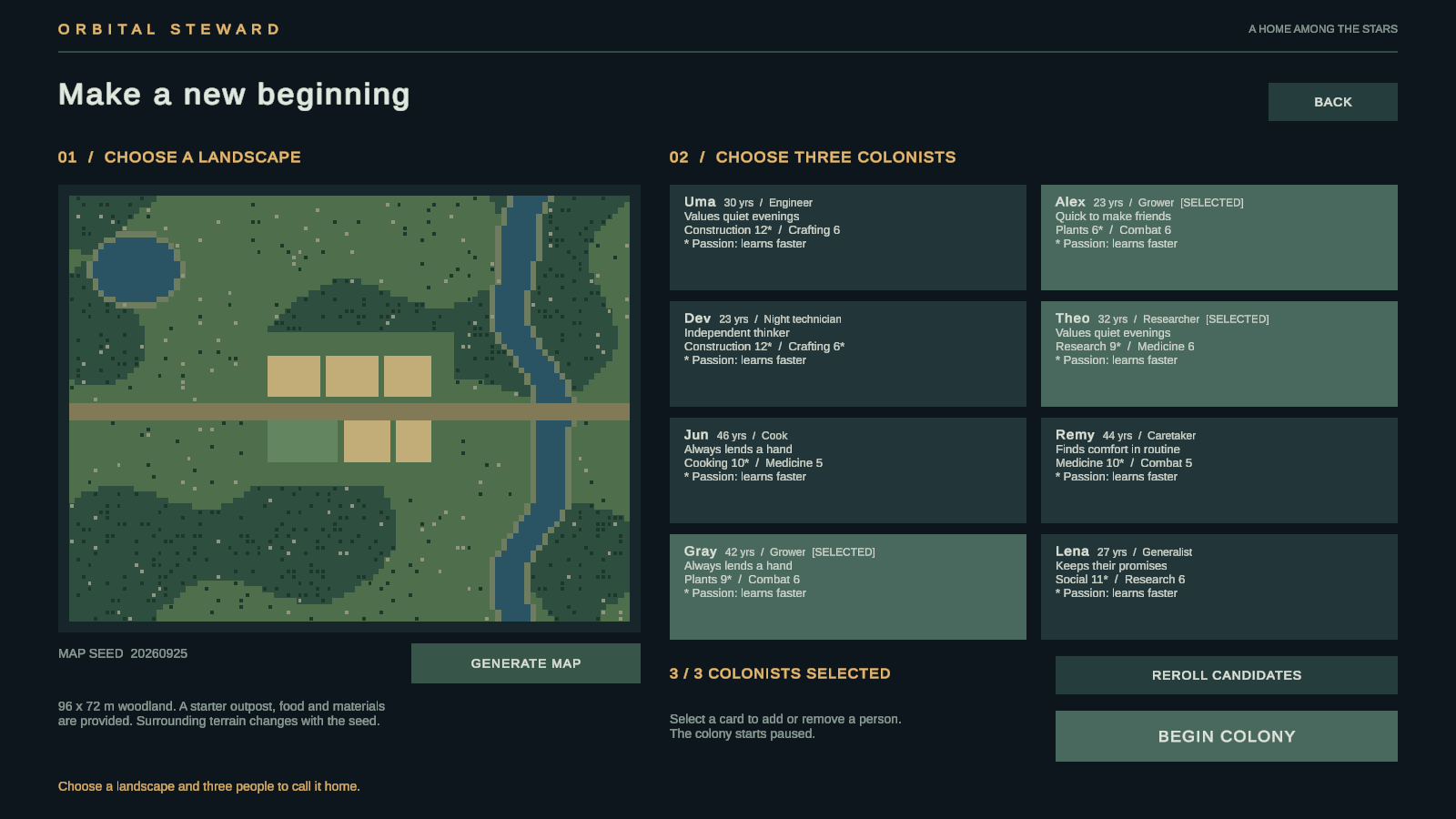 New-game screen with landscape and three selected colonists