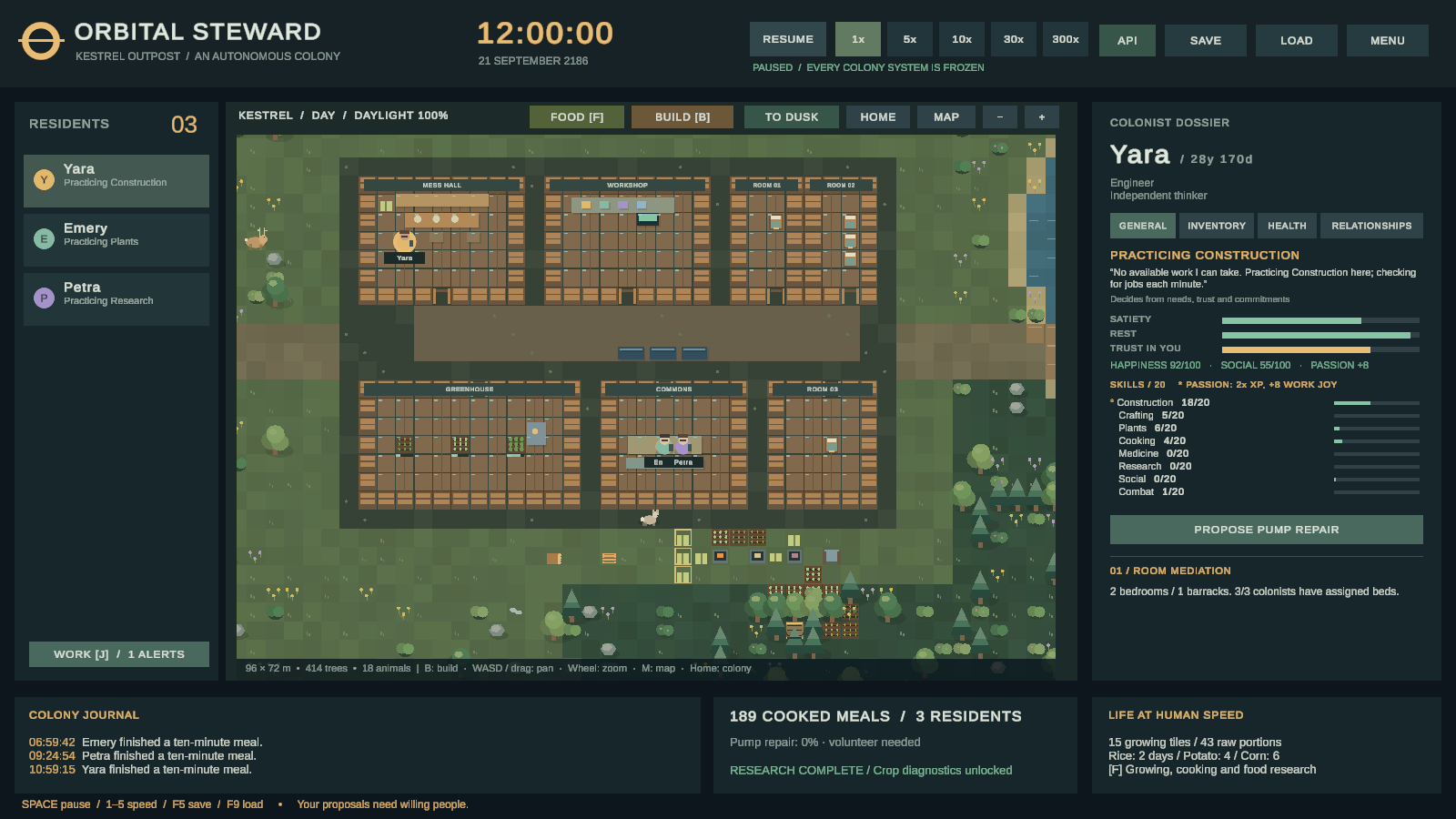 A developed colony in the playable prototype, with homes, workshops, farms, and resident information